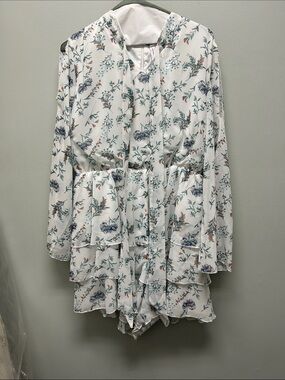 Avantlook White Floral Tie-Waist Tiered Long Sleeve Dress